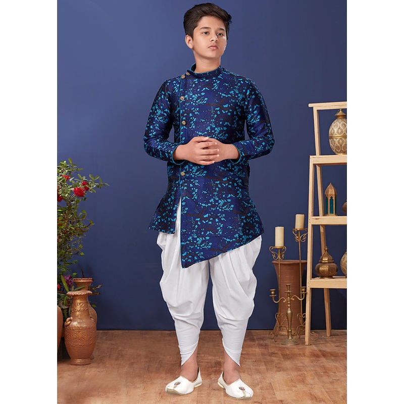 Blue Jacquard Silk Kurta Pajama Set - JD986582271