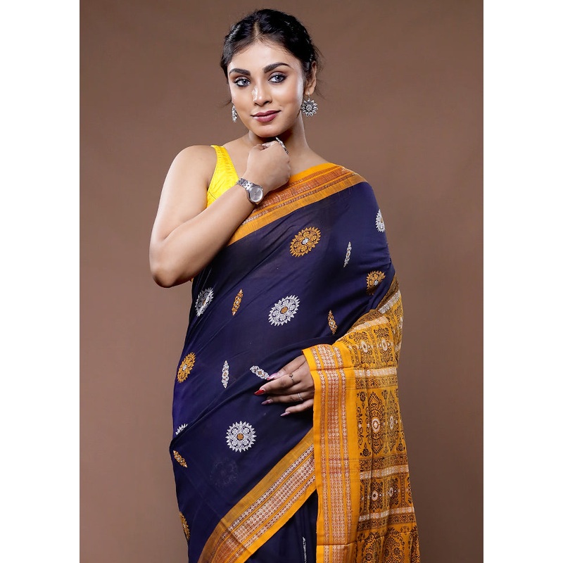 Blue Pure Cotton Saree With Blouse Piece - JD986582244