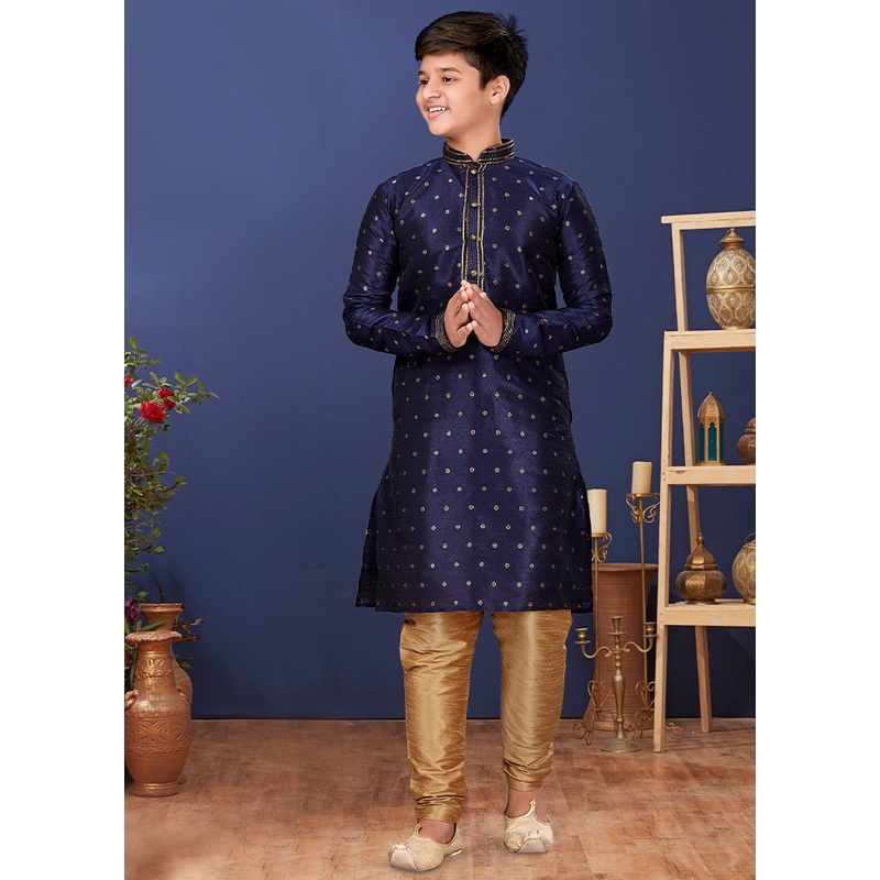 Blue Zari Woven Kurta Pajama Set - JD986582287