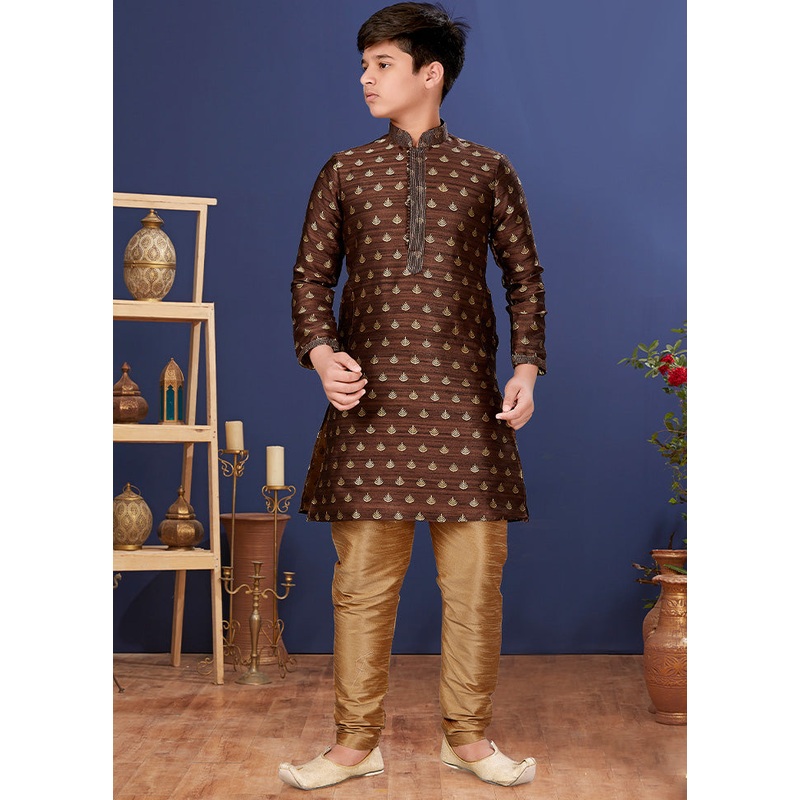 Brown Jacquard Silk Kurta Pajama Set - JD986582289