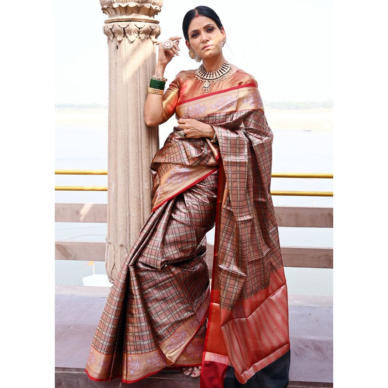 Brown Kanchipuram Silk Saree With Blouse Piece - JD986582213