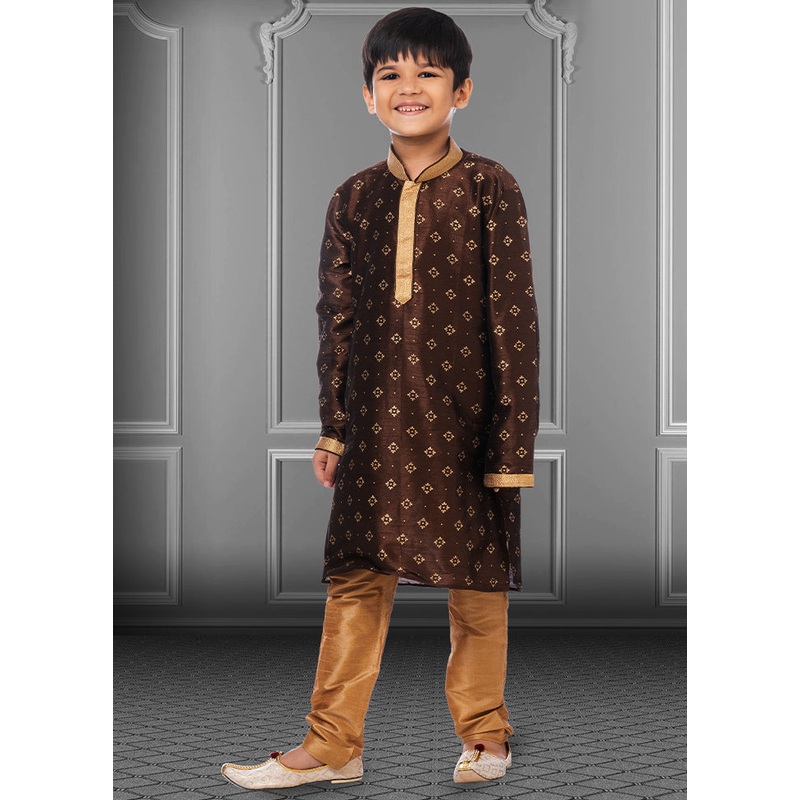 Brown Silk Kurta Pajama Set For Boys - JD986582290