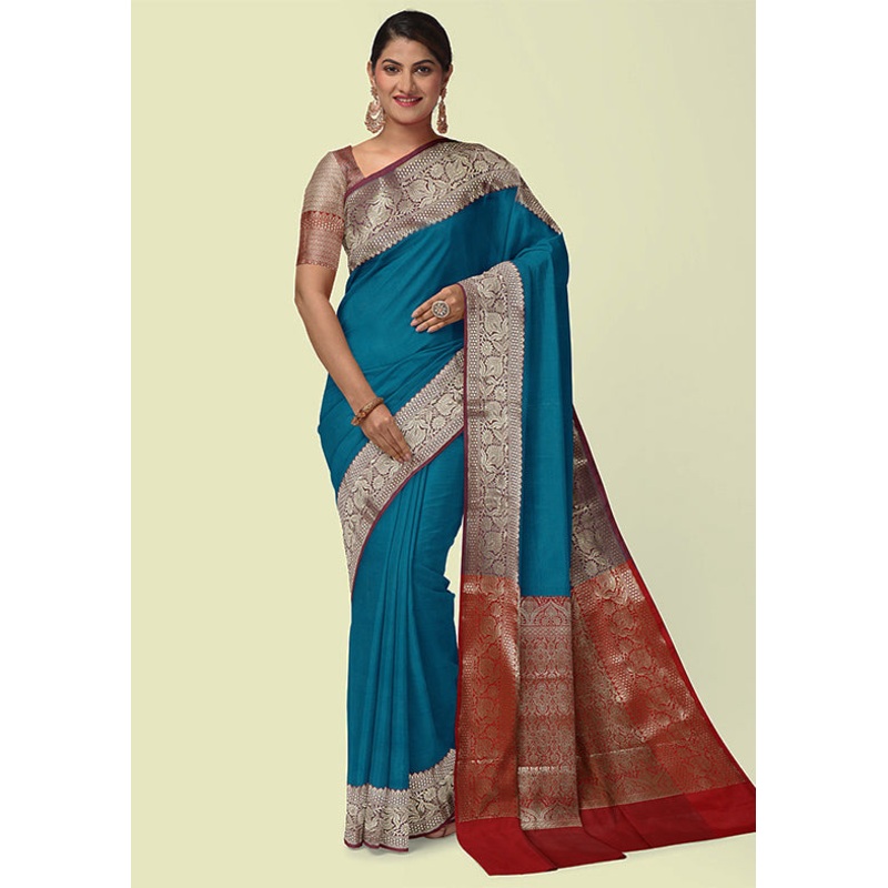 Cerulean Blue Katan Silk Saree With Blouse Piece - JD986582230