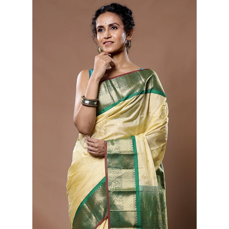 Cream Kanjivaram Silk Saree With Blouse Piece - JD986582254
