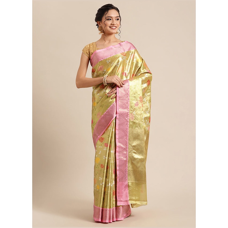 Gold Tissue Silk Saree With Blouse Piece - JD986582202