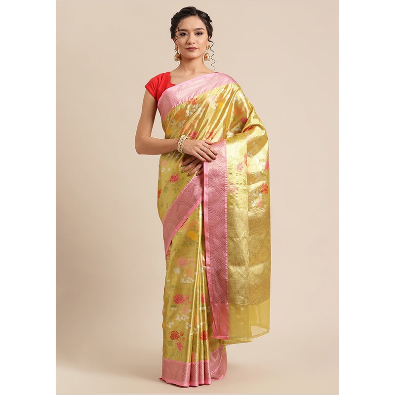 Gold Tissue Silk Saree With Blouse Piece - JD986582203