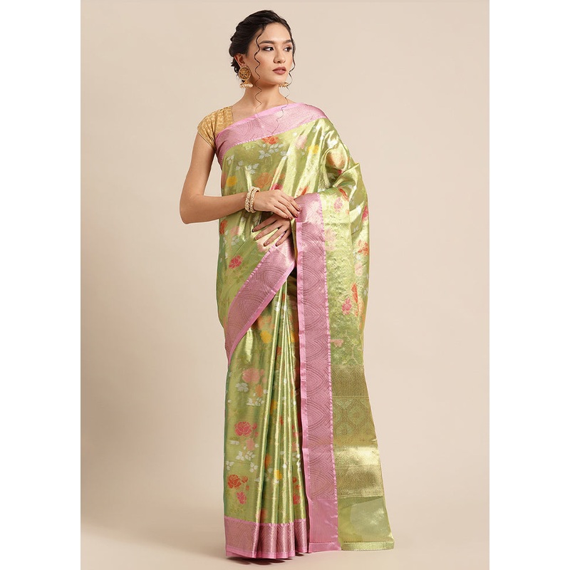 Gold Tissue Silk Saree With Blouse Piece - JD986582204