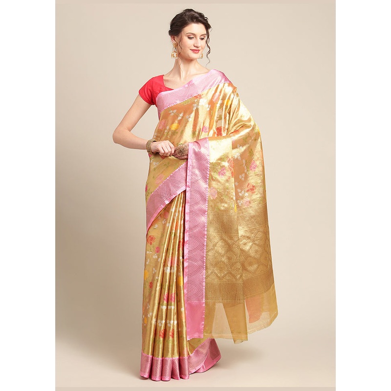 Gold Tissue Silk Saree With Blouse Piece - JD986582205