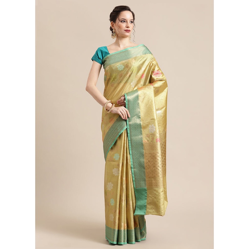Gold Tissue Silk Saree With Blouse Piece - JD986582206