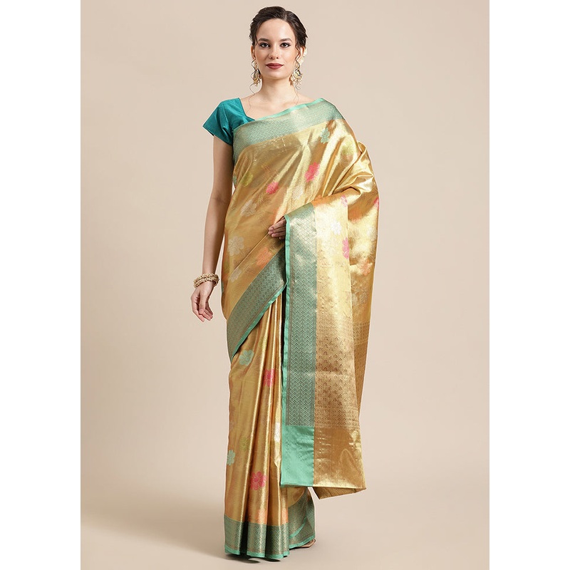 Gold Tissue Silk Saree With Blouse Piece - JD986582207