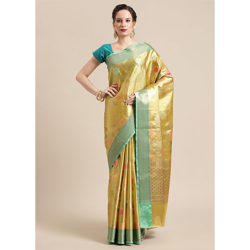 Gold Tissue Silk Saree With Blouse Piece - JD986582208