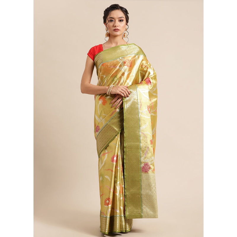 Gold Tissue Silk Saree With Blouse Piece - JD986582210