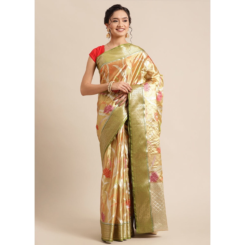 Gold Tissue Silk Saree With Blouse Piece - JD986582211