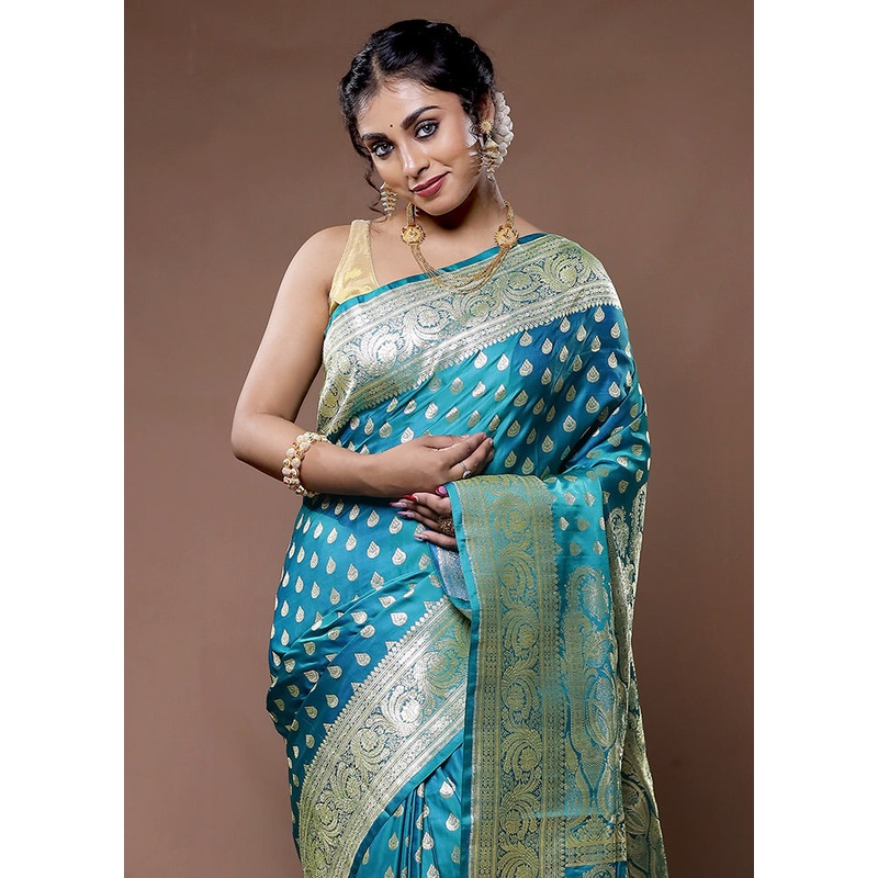Green Banarasi Pure Silk Saree With Blouse Piece - JD986582242