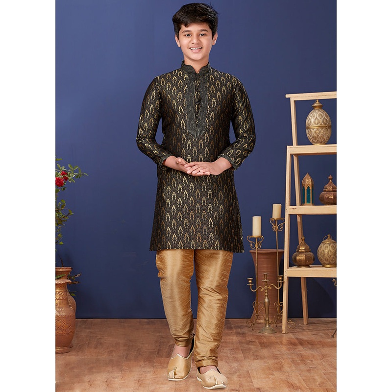 Green Jacquard Silk Kurta Pajama Set - JD986582293