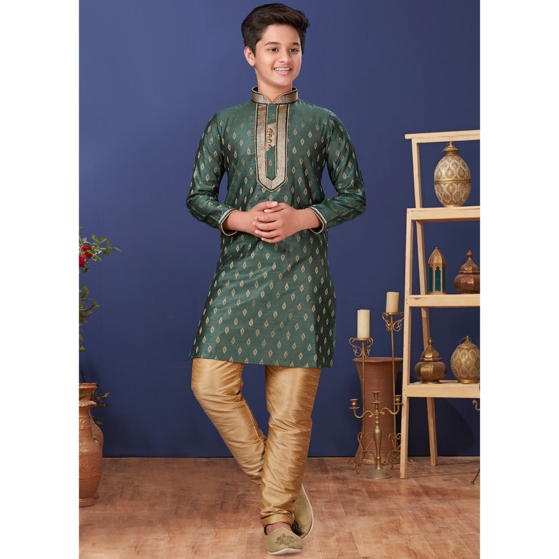 Green Jacquard Silk Kurta Pajama Set - JD986582294