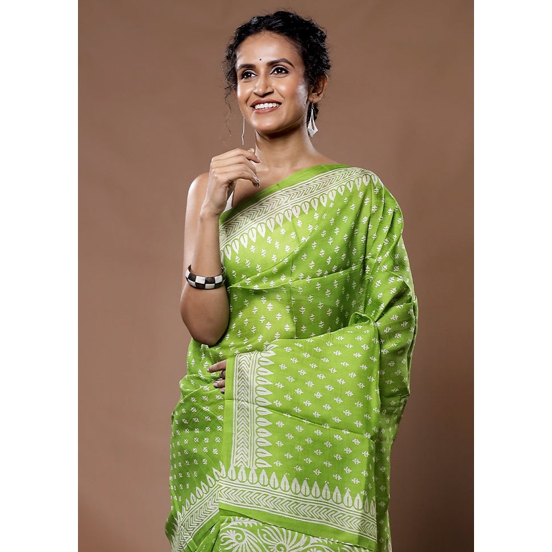 Green Printed Pure Silk Saree Without Blouse Piece - JD986582253