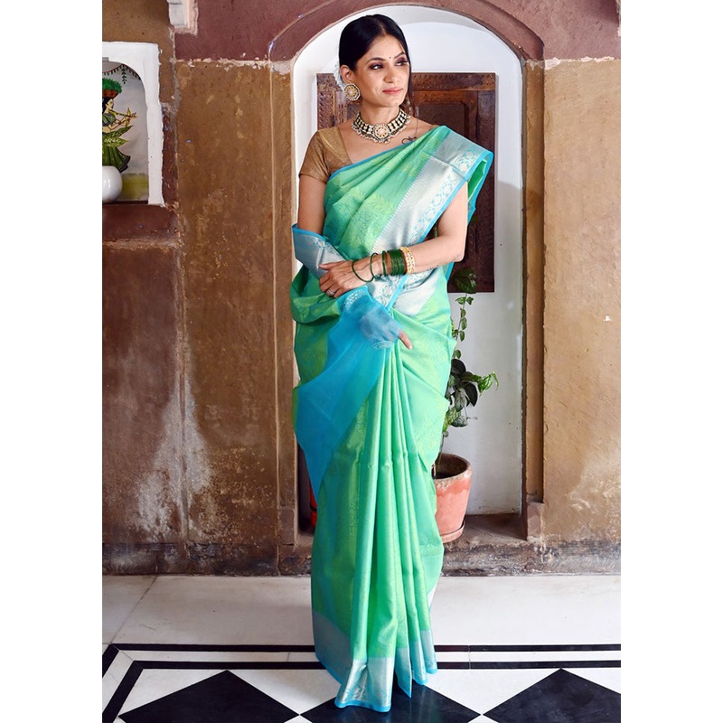 Green Silk Saree With Blouse Piece - JD986582201