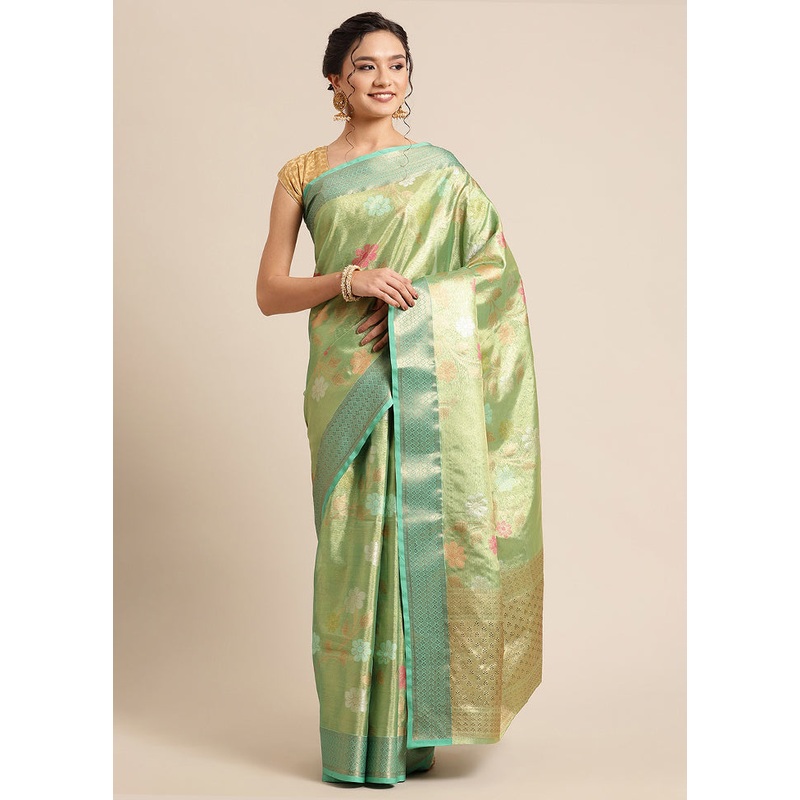 Green Tissue Silk Saree With Blouse Piece - JD986582197