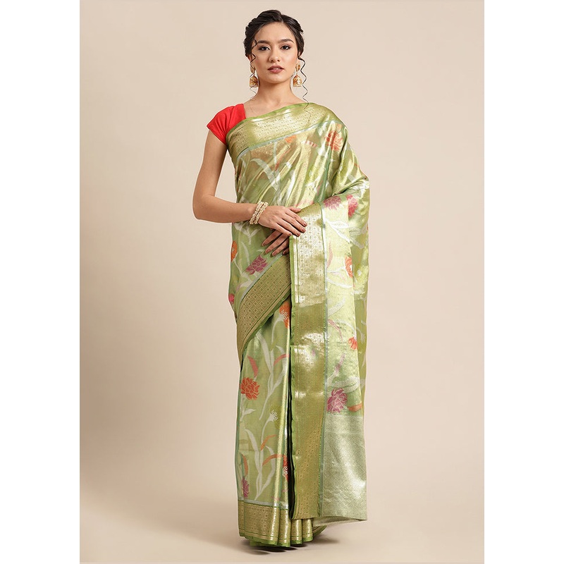 Green Tissue Silk Saree With Blouse Piece - JD986582209