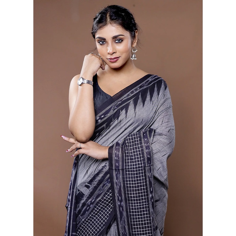 Grey Cotton Saree With Blouse Piece - JD986582240