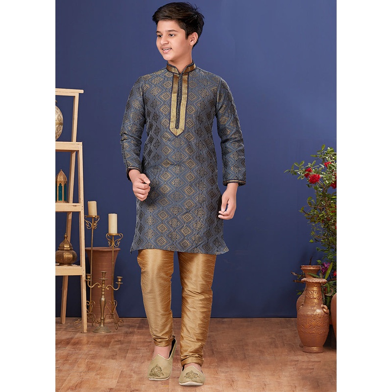 Grey Jacquard Silk Kurta Pajama Set - JD986582296