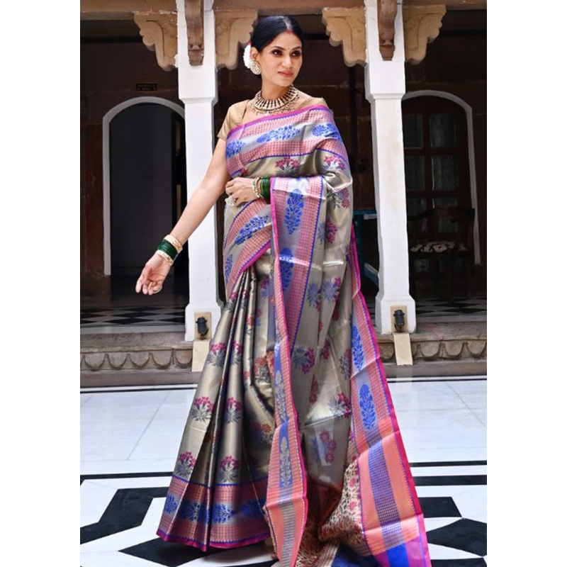 Grey Kanchipuram Silk Saree With Blouse Piece - JD986582212