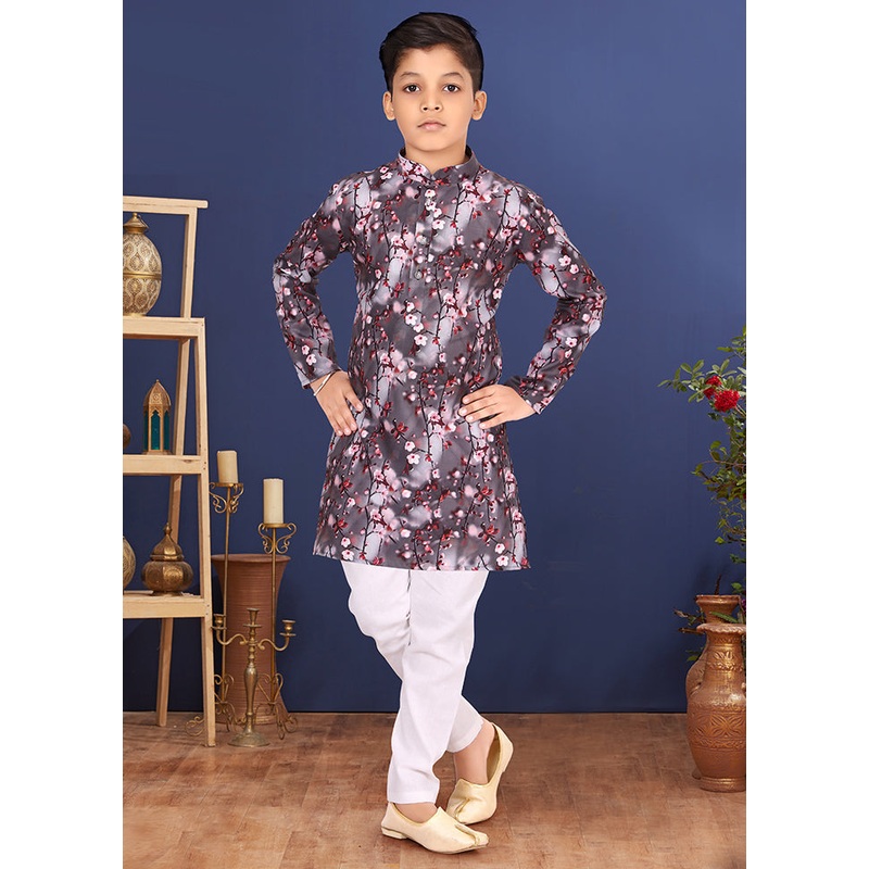 Grey Printed Kurta Pajama Set - JD986582297