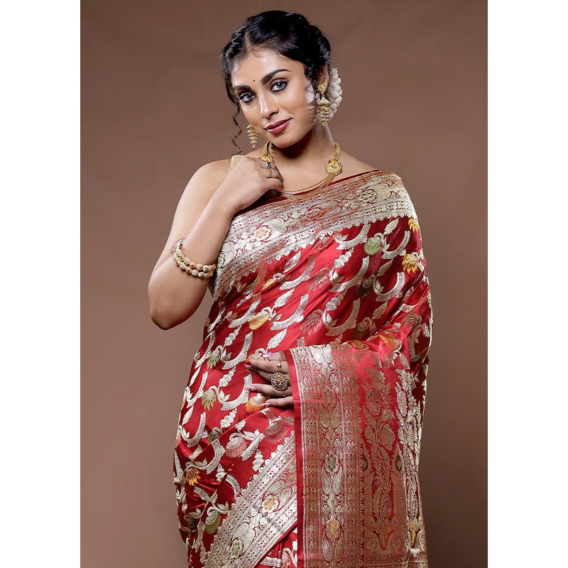 Maroon Banarasi Pure Silk Saree With Blouse Piece - JD986582237
