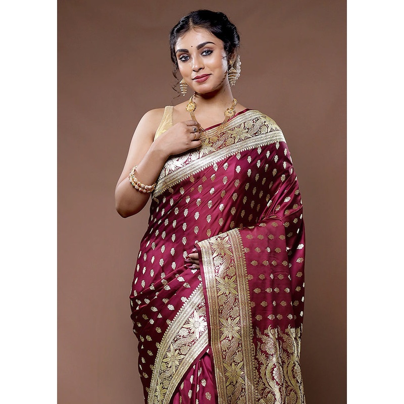 Maroon Banarasi Pure Silk Saree With Blouse Piece - JD986582238