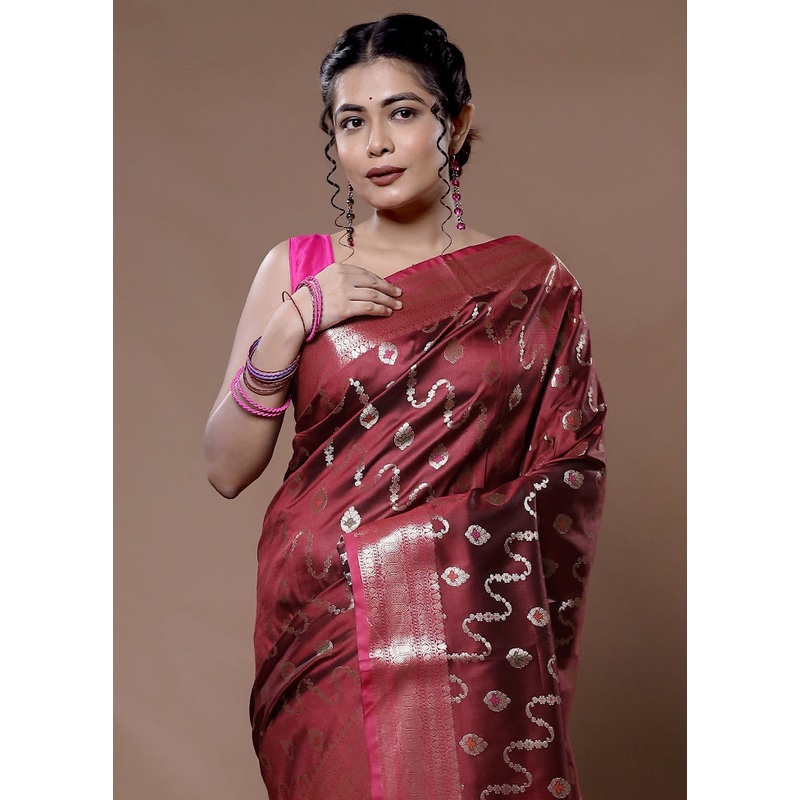 Maroon Uppada Silk Saree With Blouse Piece - JD986582258