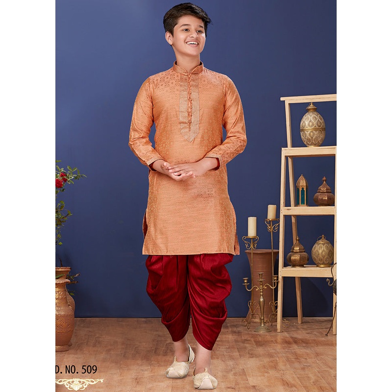 Peach Jacquard Silk Kurta Pajama Set - JD986582302