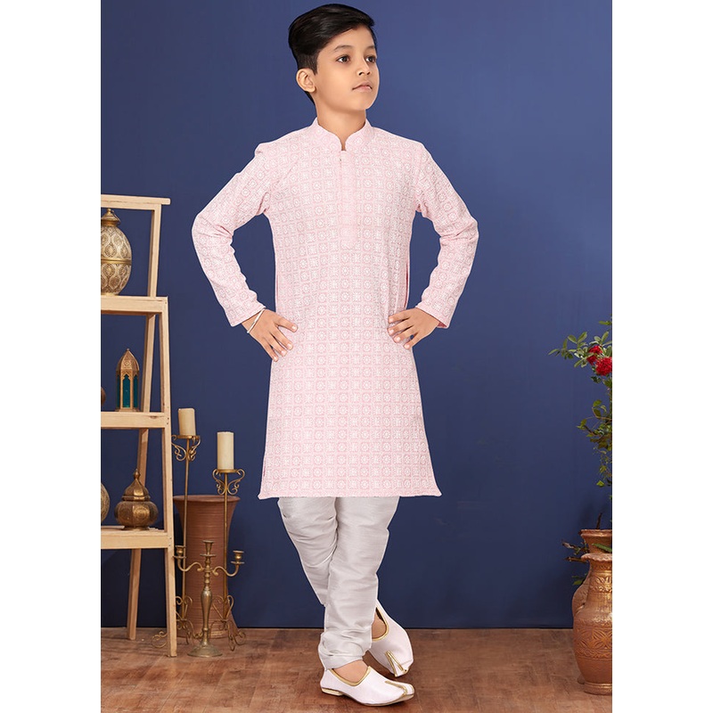 Pink Embroidered Kurta Pajama Set - JD986582304