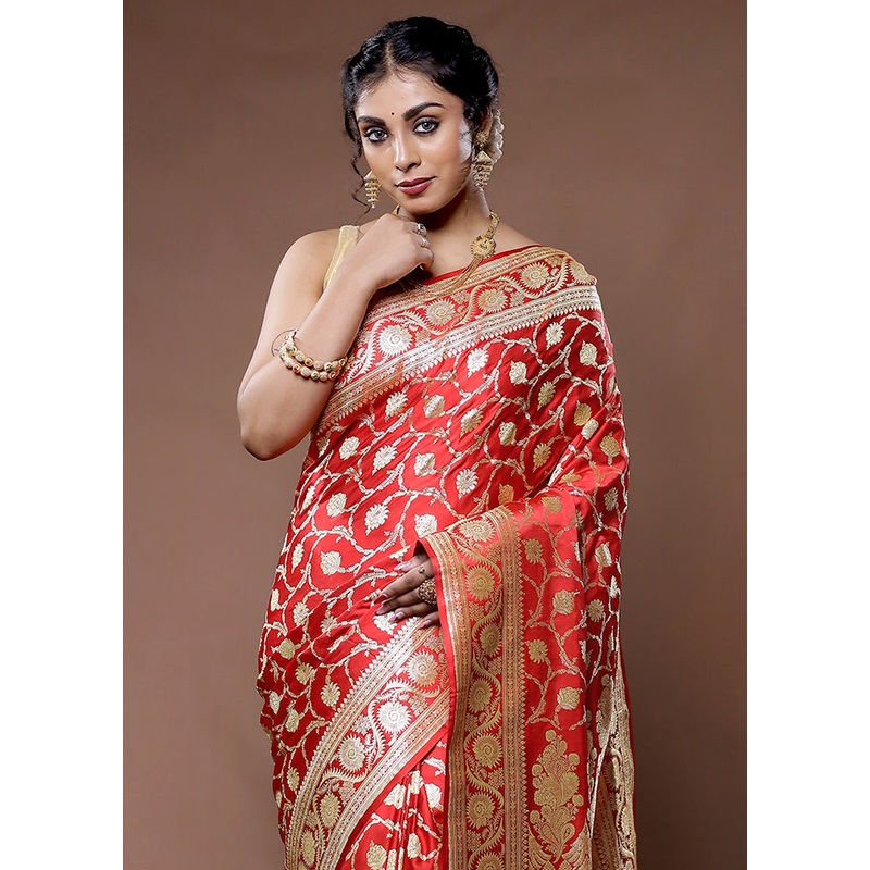 Red Banarasi Pure Silk Saree With Blouse Piece - JD986582233