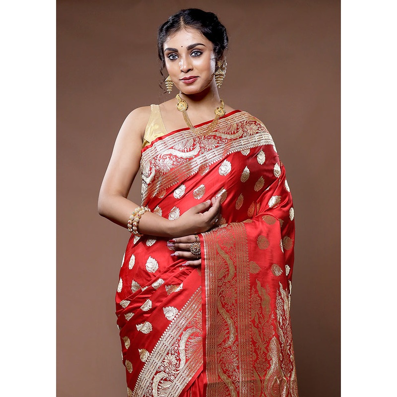 Red Banarasi Pure Silk Saree With Blouse Piece - JD986582234