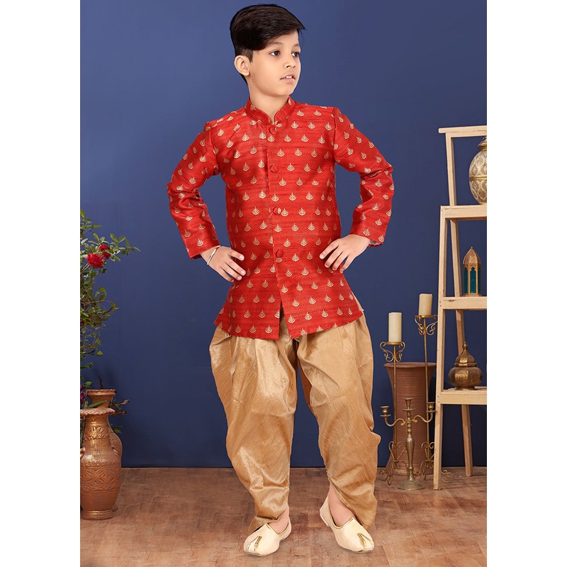 Red Jacquard Silk Kurta Pajama Set - JD986582309
