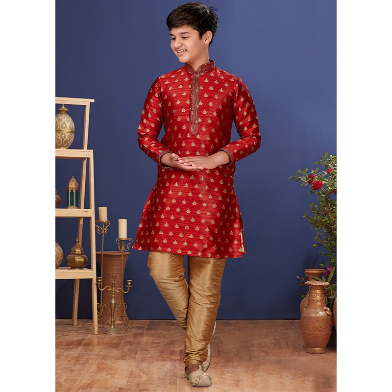 Red Jacquard Silk Kurta Pajama Set - JD986582310