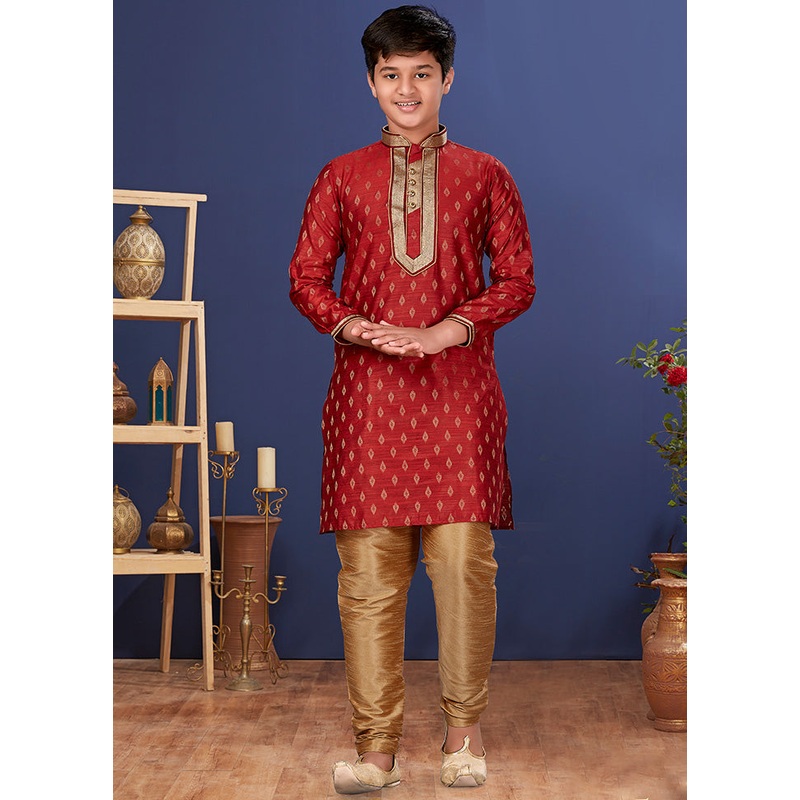 Red Jacquard Silk Kurta Pajama Set - JD986582311