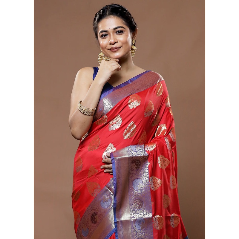 Red Kora Silk Saree With Blouse Piece - JD986582261