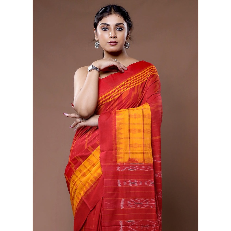 Red Pure Cotton Saree With Blouse Piece - JD986582232