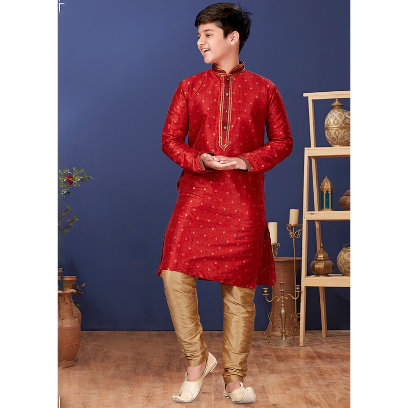 Red Zari Woven Kurta Pajama Set - JD986582312