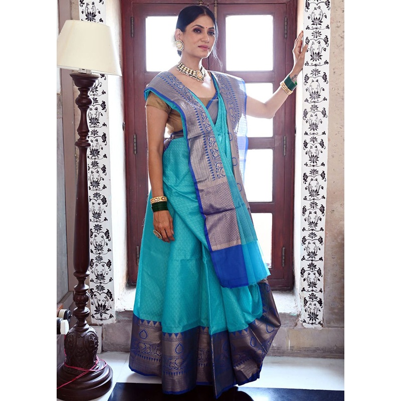 Turquoise Blue Silk Saree With Blouse Piece - JD986582182