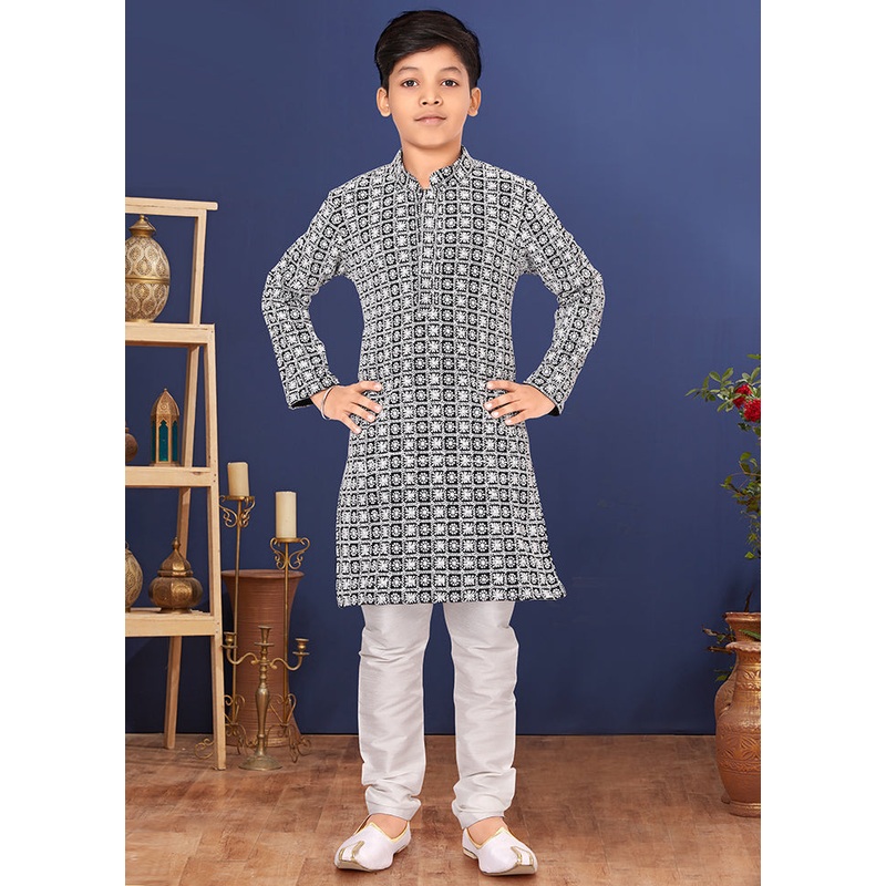 White Embroidered Kurta Pajama Set - JD986582314