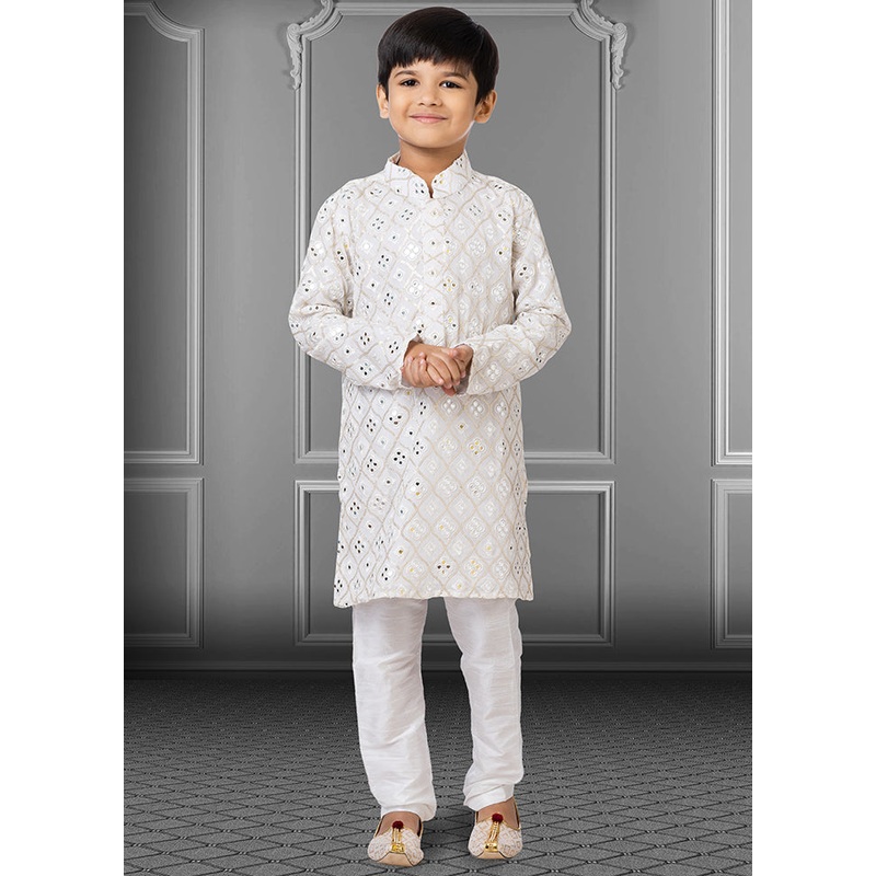 White Georgette Kurta Pajama Set For Boys - JD986582315