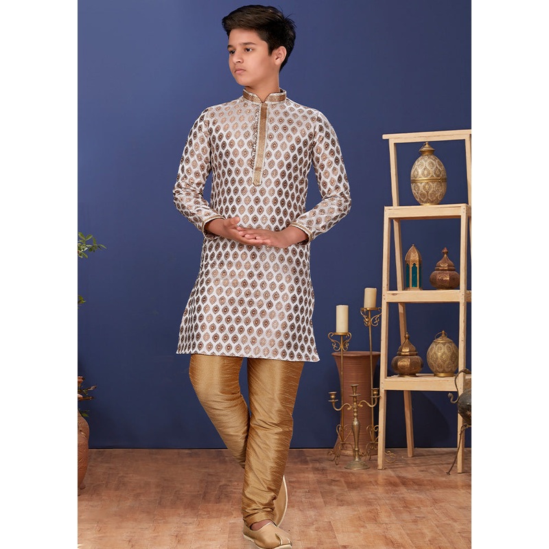 White Jacquard Silk Kurta Pajama Set - JD986582316