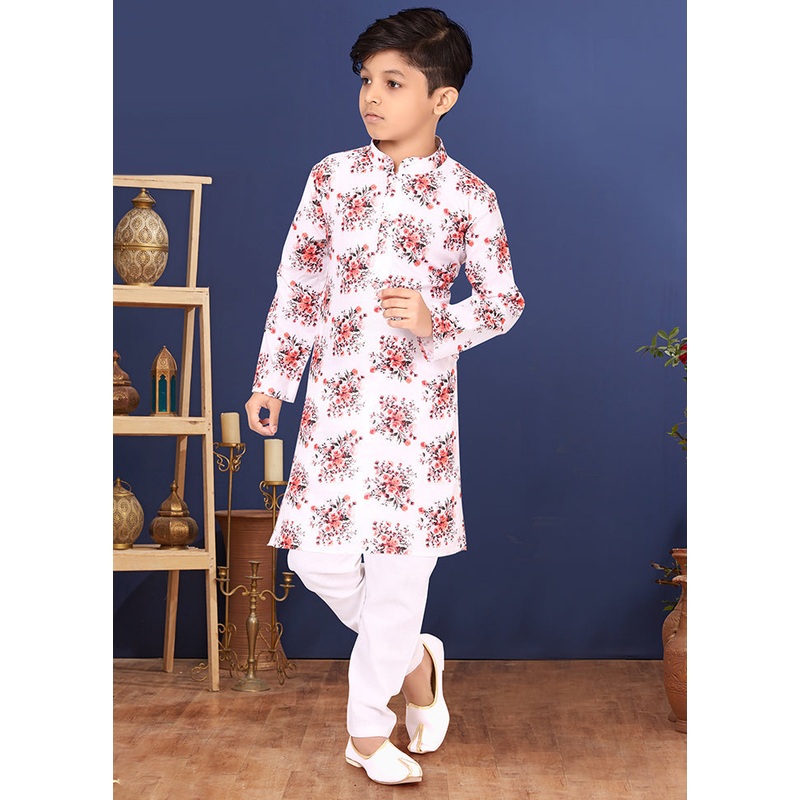 White Printed Kurta Pajama Set - JD986582318
