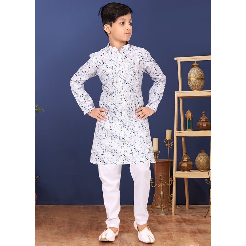 White Printed Kurta Pajama Set - JD986582319