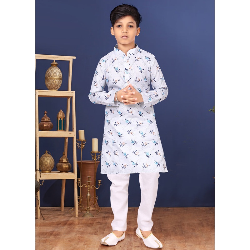 White Printed Kurta Pajama Set - JD986582320