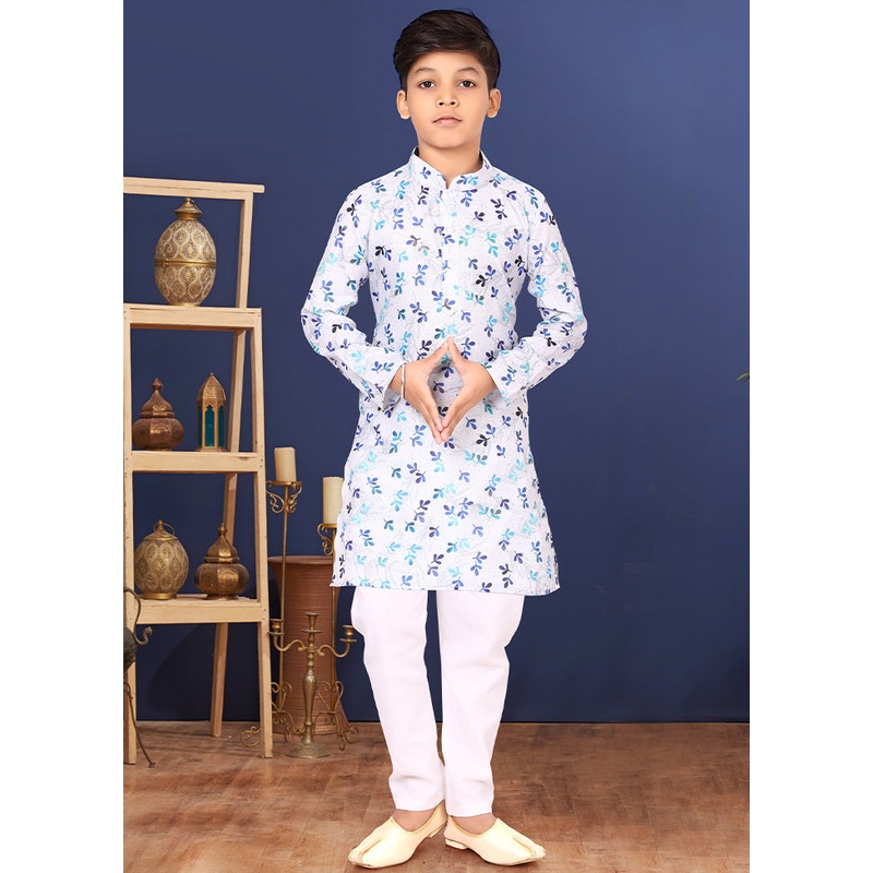 White Printed Kurta Pajama Set - JD986582321