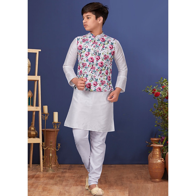White Zari Woven Kurta Pajama With Jacket Set With Jacket - JD986582323